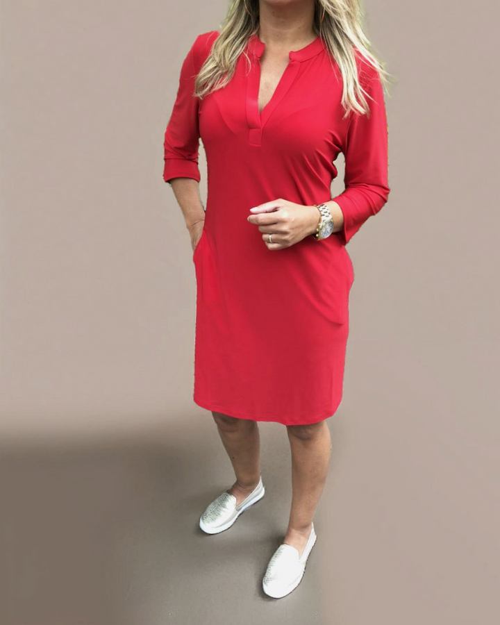 LOUISA - UNIFARBENES KLEID MIT V-AUSSCHNITT